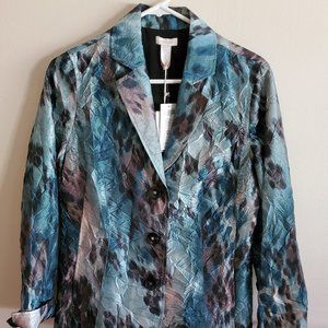 Chico's Women's Crinkle Crush Teal Blazer Travel Jacket Animal Print NWT Size 0